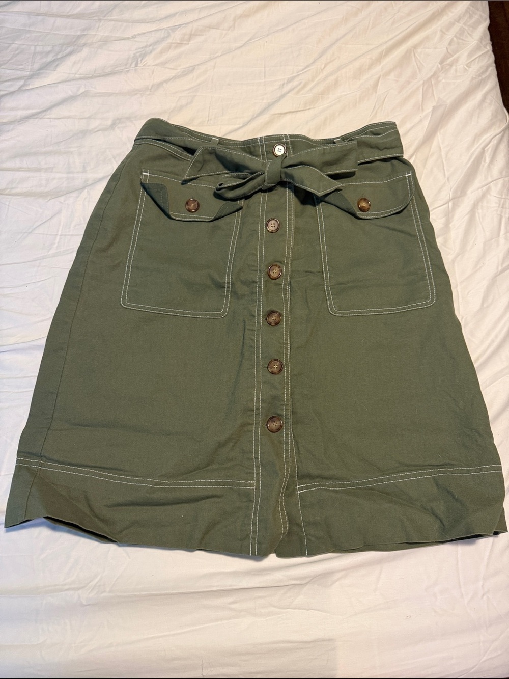 J. Crew Olive Green Button-Front Midi Skirt with Tie Waist